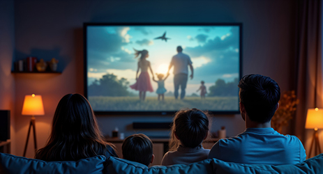 Familie auf Sofa, schaut einen Film auf Ihrem Fernseher.