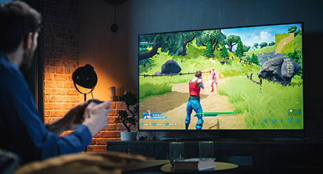 Mann spielt Fortnite auf Gaming Fernseher.