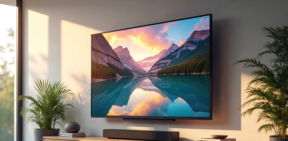 Großer Fernseher an einer Wohnzimmerwand mit Soundbar darunter.