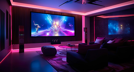 Heimkinoraum, mit großem Fernseher an der Wand und LED Beleuchtung