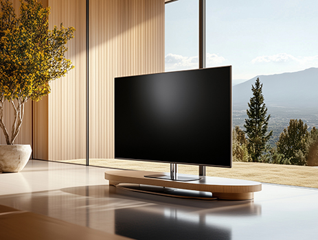 Fernseher freistehend in Wohnzimmer auf einem Standfuß