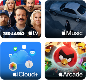 Apple One Kacheln: Apple TV, Apple Music, iCloud+ und Apple Arcade