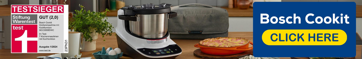 weiße Bosch Cookit Küchenmaschine mit Testsieger Abzeichen 