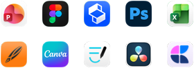 Zehn App Symbole in zwei Reihen: PowerPoint, Figma, Shapr3D, Photoshop, Excel, Linearity, Canva, GoodNotes, DaVinci Resolve, Craft