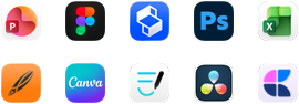Zehn App Symbole in zwei Reihen: PowerPoint, Figma, Shapr3D, Photoshop, Excel, Linearity, Canva, GoodNotes, DaVinci Resolve, Craft
