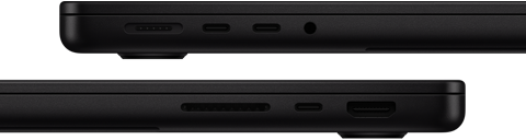 Die Anschlüsse des MacBook Pro werden gezeigt – linke Seite: MagSafe, zwei Thunderbolt Anschlüsse und Kopfhöreranschluss – rechte Seite: SDXC, ein Thunderbolt Anschluss und HDMI