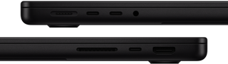 Die Anschlüsse des MacBook Pro werden gezeigt – linke Seite: MagSafe, zwei Thunderbolt Anschlüsse und Kopfhöreranschluss – rechte Seite: SDXC, ein Thunderbolt Anschluss und HDMI