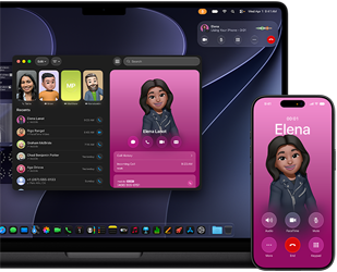 MacBook Pro und iPhone, Telefon App geöffnet, auf beiden Displays wird derselbe Kontakt angezeigt