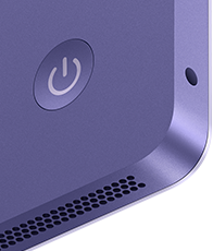 iMac, Rückseite in der Farbe Violett mit Ein/Aus-Taste, Kopfhöreranschluss und Lautsprechergitter