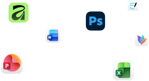 Verschiedene App Symbole schweben auf dem Bildschirm, darunter Microsoft Word, Adobe Photoshop, Canva und Figma