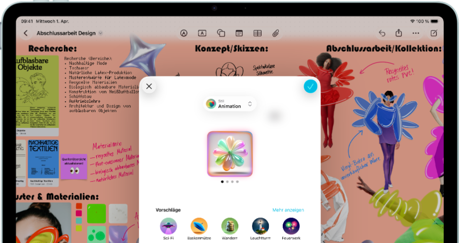 iPad Air, Vorderansicht, Querformat, Lautstärketasten, Ein-/Ausschalter, das Display zeigt eine farbenfrohe App Benutzeroberfläche mit verschiedenen Symbolen