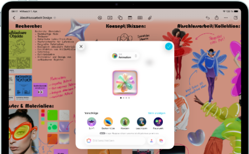 iPad Air, Vorderansicht, Querformat, Lautstärketasten, Ein-/Ausschalter, das Display zeigt eine farbenfrohe App Benutzeroberfläche mit verschiedenen Symbolen