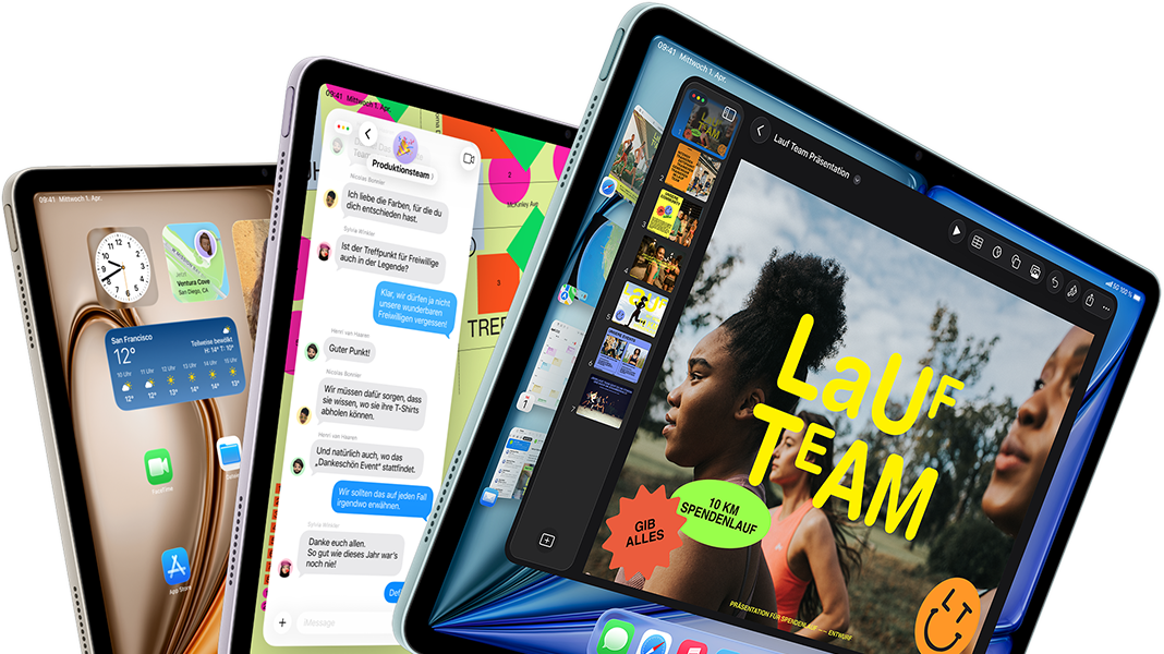 Drei iPad Air Displays in fächerähnlicher Anordnung, Farben: Blau, Violett, Polarstern, Vorderseite, Seitenansicht, die auf den Displays angezeigten Apps umfassen die Keynote App, Nachrichten und den Homescreen