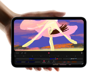 iPad mini, wird in der Hand gehalten, Vorderansicht, zeigt die Schnittstelle für die Videobearbeitung mit bunten Clips, A20 Pro Chip unten erwähnt