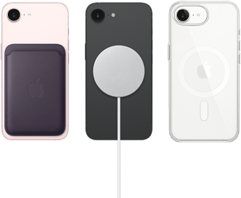 iPhone 17e i blekrosa med FineWoven-pl&aring;nbok i f&auml;rgen midnatt, iPhone 17e i svart med MagSafe-laddare, iPhone 17e i vitt med transparent skal med MagSafe