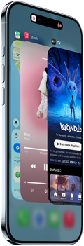 iPhone Air, Vorderseite, Seite, dünnes Profil, Dynamic Island oben Mitte, App-Umschalter wird verwendet, Tasten: Action, Lautstärke