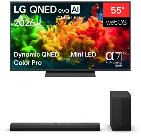 50QNED8EB3F 126 cm (50") QNED evo MiniLED AI TV inkl. DS70TY Soundbar + Subwoofer, 4K Ultra HD, Smart-TV, HDR-Wiedergabe, DVB-T2/DVB-C/DVB-S2