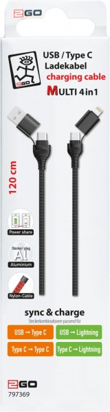 USB/C > C/Lightning 4 in 1 (1,2m) Kabel schwarz