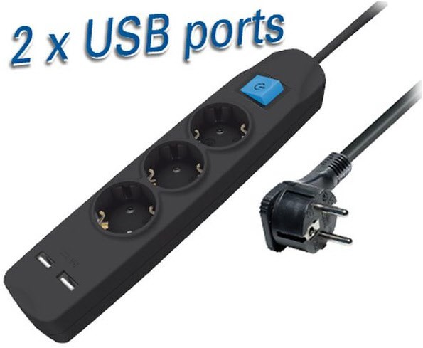 Steckdosenleiste 3-fach mit Schalter &amp; 2 x USB