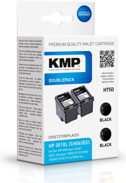 H75D Doppelpack (2x 600 Seiten.) Tintenpatrone ersetzt HP 301XL (CH563EE) schwarz