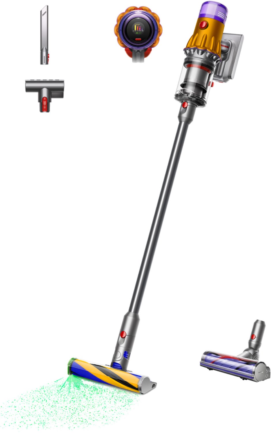 V12 Detect Slim Absolute Stielsauger nickel satin gelb/glanz nickel, 60 min Laufzeit, 0,35 l Staubvolumen, Display, Elektro-Bodenbürste
