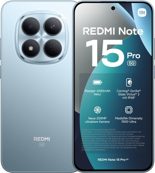 Redmi Note 15 Pro 5G (8GB+256GB) EU Smartphone glacier blue, 200 MP Kamera, 6,83 Zoll Display, 60,83 Std. Akku