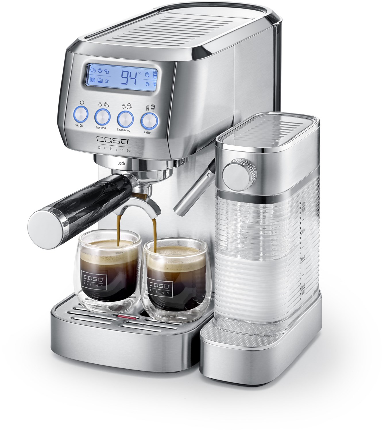 Espresso Gourmet Latte Siebträgermaschine silber, Milchbehälter, Cappuccino, 20 bar, 1,3 l, Reinigungsprogramm