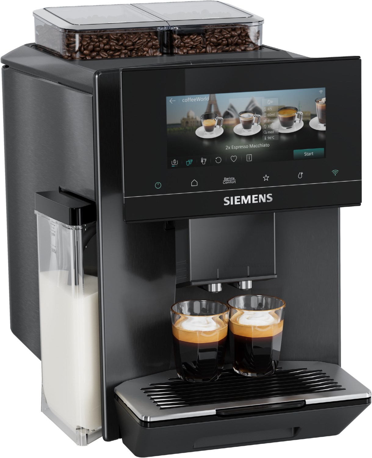 TQ927EF5 Kaffee-Vollautomat dark inox, Milchbehälter, Latte Macchiato/Cappuccino/Milchkaffee, EQ900, Keramik-Mahlwerk, 19 bar, 2,3 l, schwarz