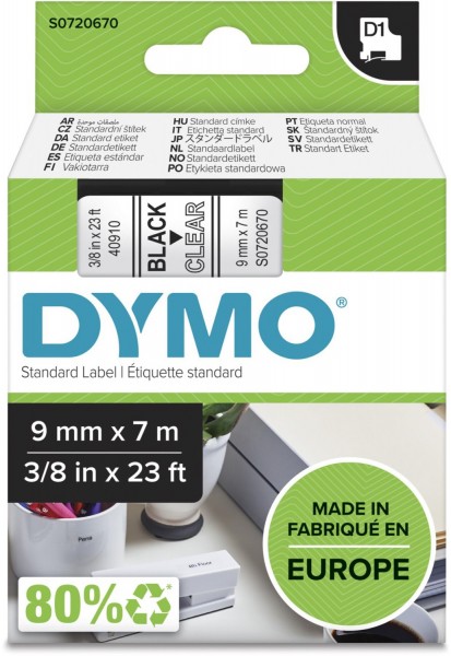 D1 Schriftband 9mm (7m) schwarz/transparent