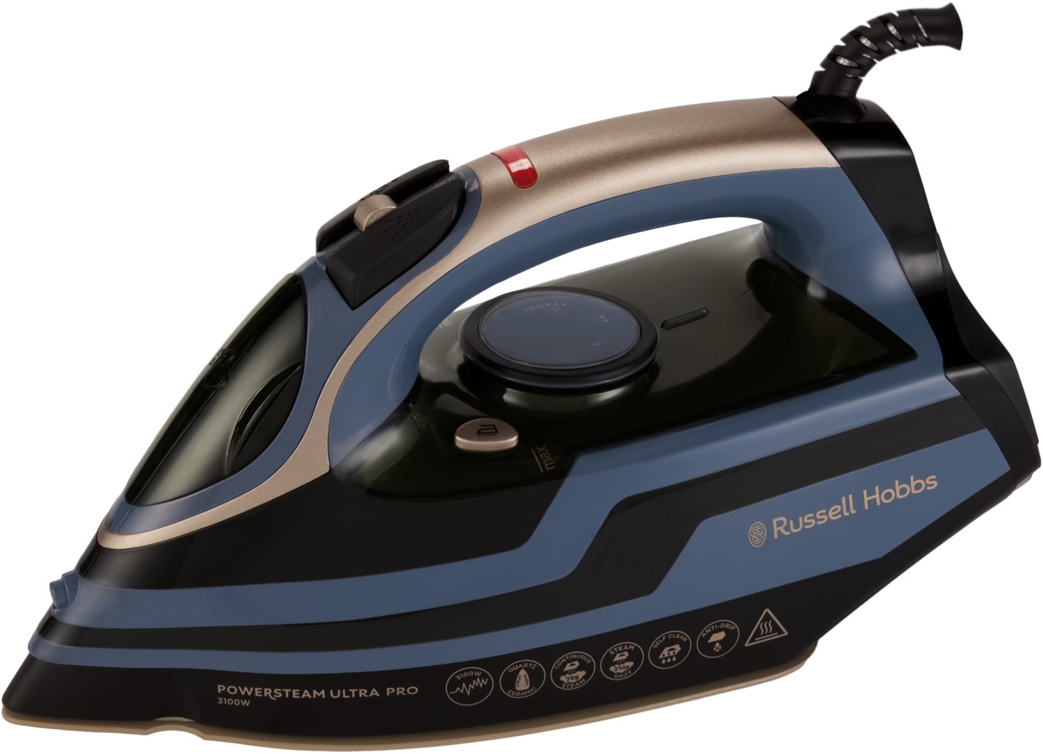 Powersteam Ultra Pro Dampfbügeleisen blau/schwarz, 3100 W, 210 g/min Dampfstoß, 70 g/min Dampfproduktion, Keramik-Bügelsohle, 350 ml Wassertank