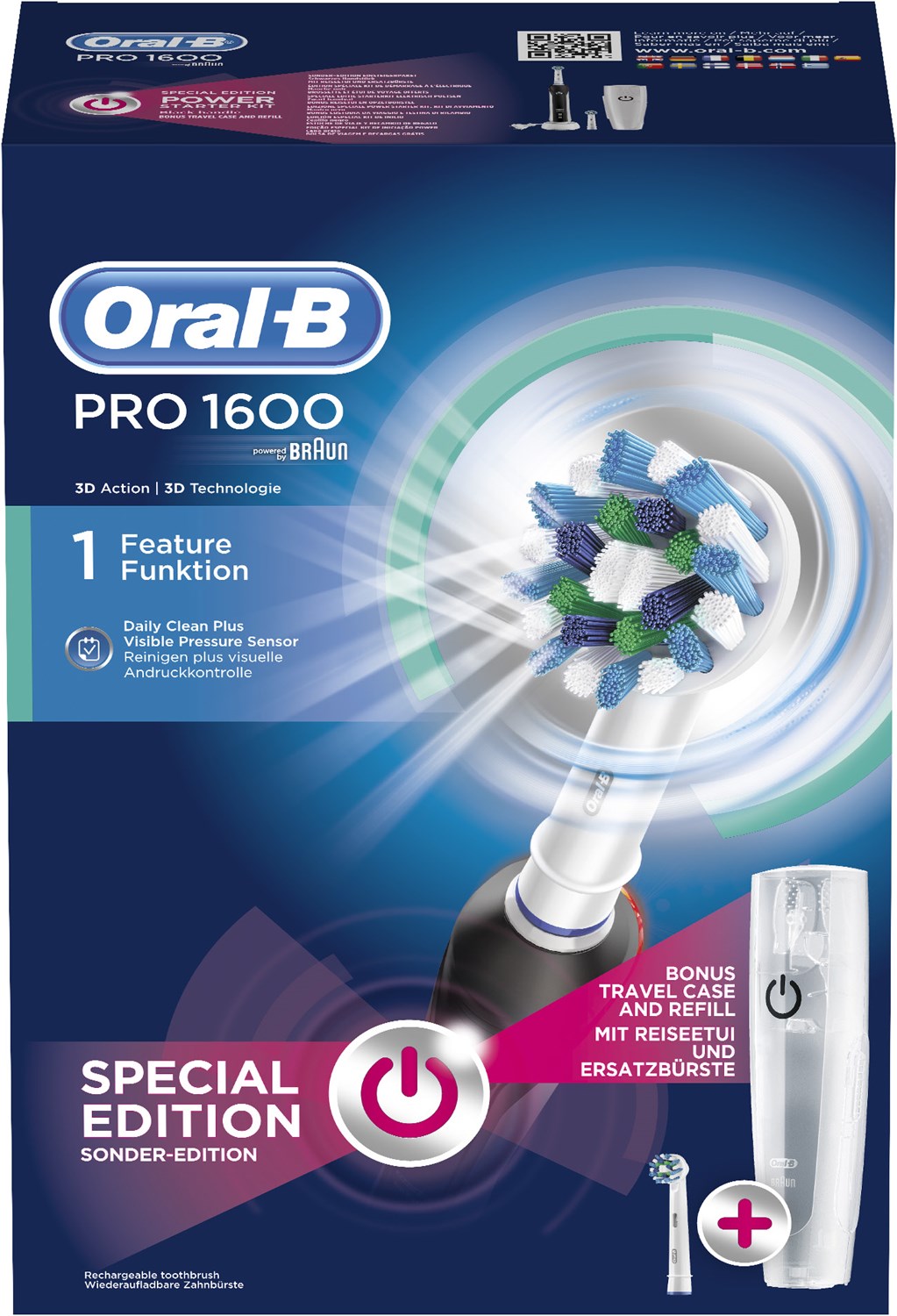 Oral-B Oral-B PRO 1600 Black+Aufsteckb.+Etui Elektrische Zahnbürste ...