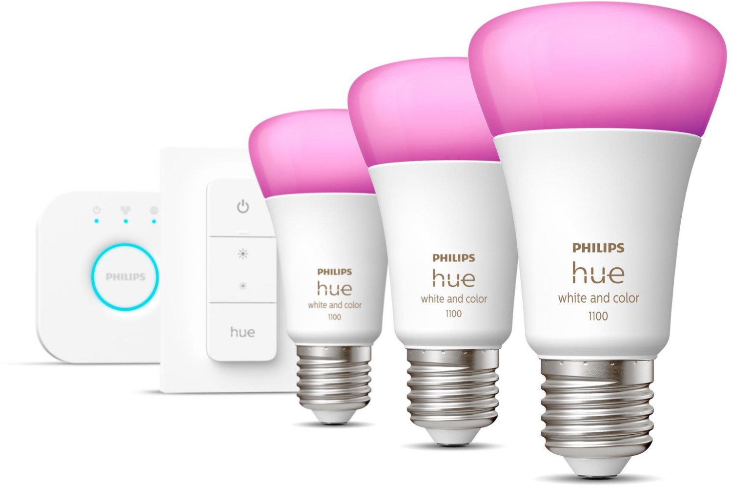 Philips Hue White & Color Starterset E27 mit 3 Lampen, Dimmer + Bridge