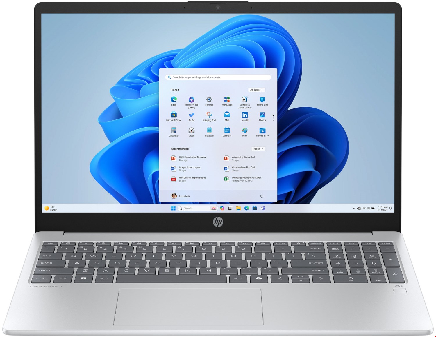 OmniBook 3 NGAI 15-fn0653ng (C94P6EA#ABD) 39,6 cm (15,6") Notebook gletschersilber, 16 GB RAM, 1000 GB SSD, AMD Ryzen AI 5, Windows 11