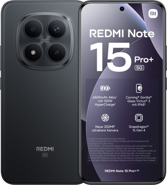 Redmi Note 15 Pro+ 5G (8GB+256GB) Smartphone schwarz, 200 MP Kamera, 6,83 Zoll Display, 60,78 Std. Akku
