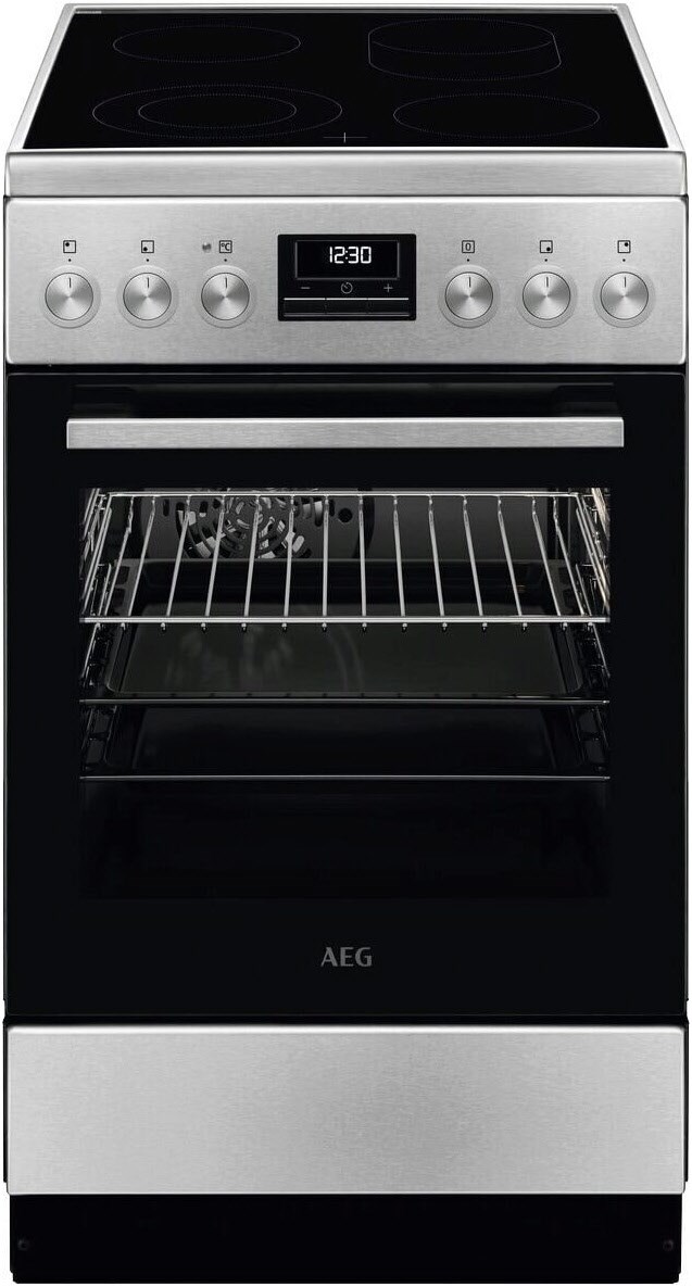 CCB5449BBM Elektroherd mit Glaskeramikfeld edelstahl/cleansteel, 57 l, Pizza-Stufe, Heißluftgrill, 50 cm breit, A, 4 Kochzonen