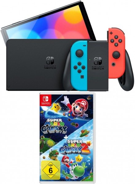 Switch Konsole (OLED-Modell) Bundle inkl. Super Mario Galaxy 1+2 neon rot/neon blau