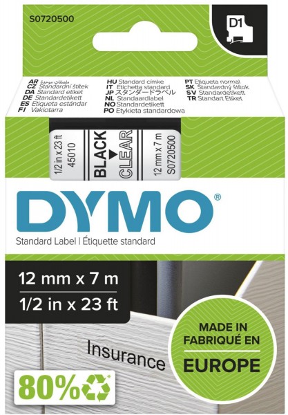 D1 Schriftband 12mm (7m) schwarz/transparent