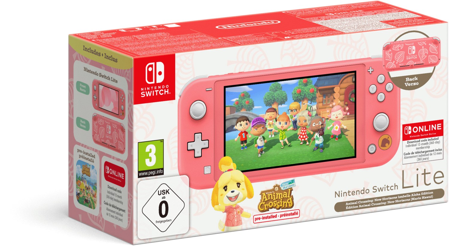 Switch Lite Bundle inkl. Animal Crossing: New Horizons + 12 Monate Nintendo Switch Online koralle