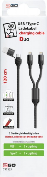USB/C>2x Lightning Duo Kabel (1,2m) schwarz