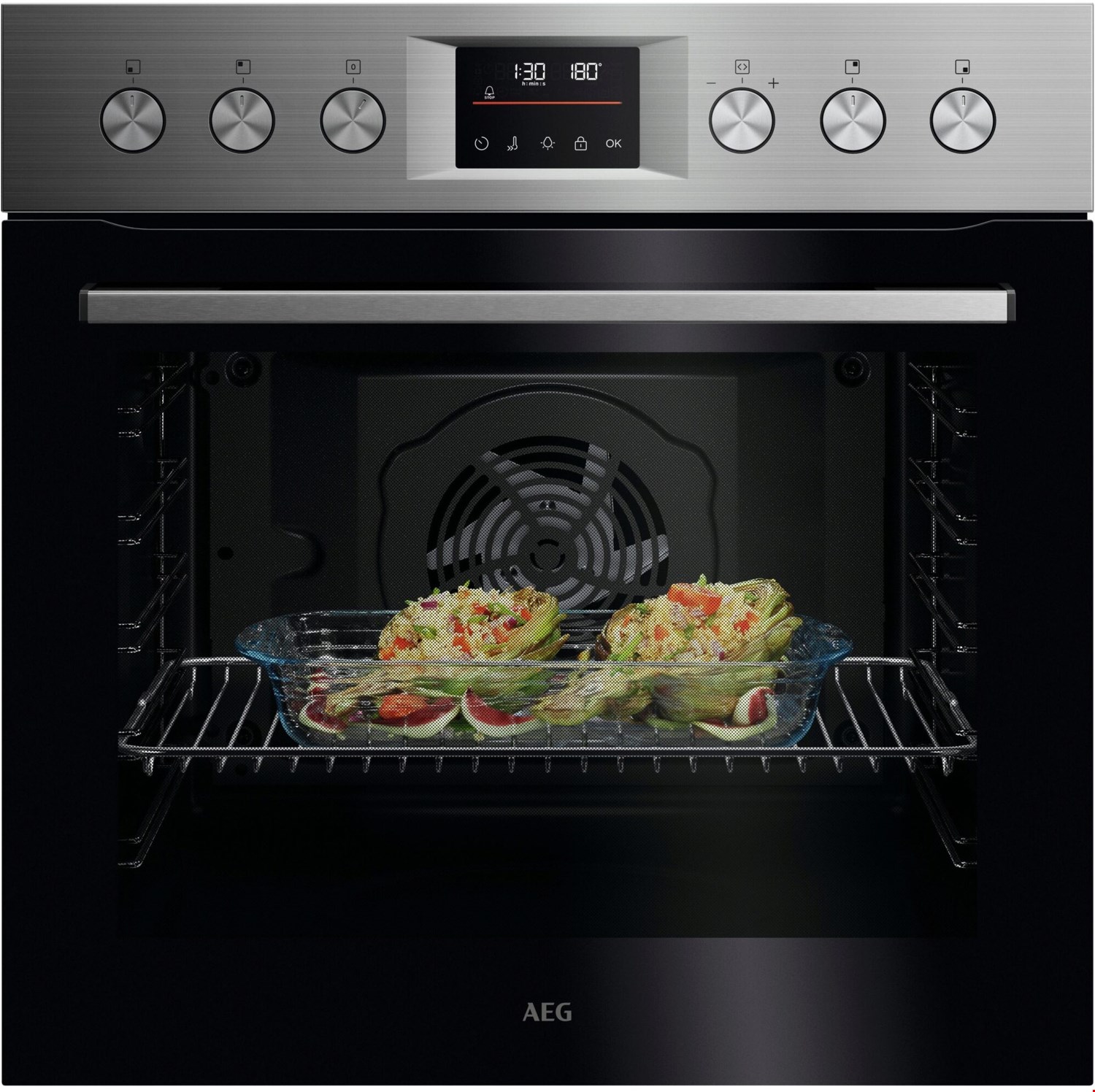 OU5PE40SM Elektro-Herd edelstahl/cleansteel, 72 l, Pizza-Stufe, schnelles Vorheizen, Heißluftgrill, 59,4 cm breit, A++, Serie 5000