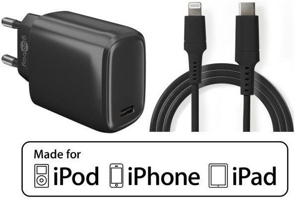 iPhone/iPod Schnellladeset mit MFI Lightning Kabel schwarz