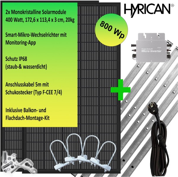 Balkonkraftwerk 800Wp inkl. Montage-Kit schwarz/silber