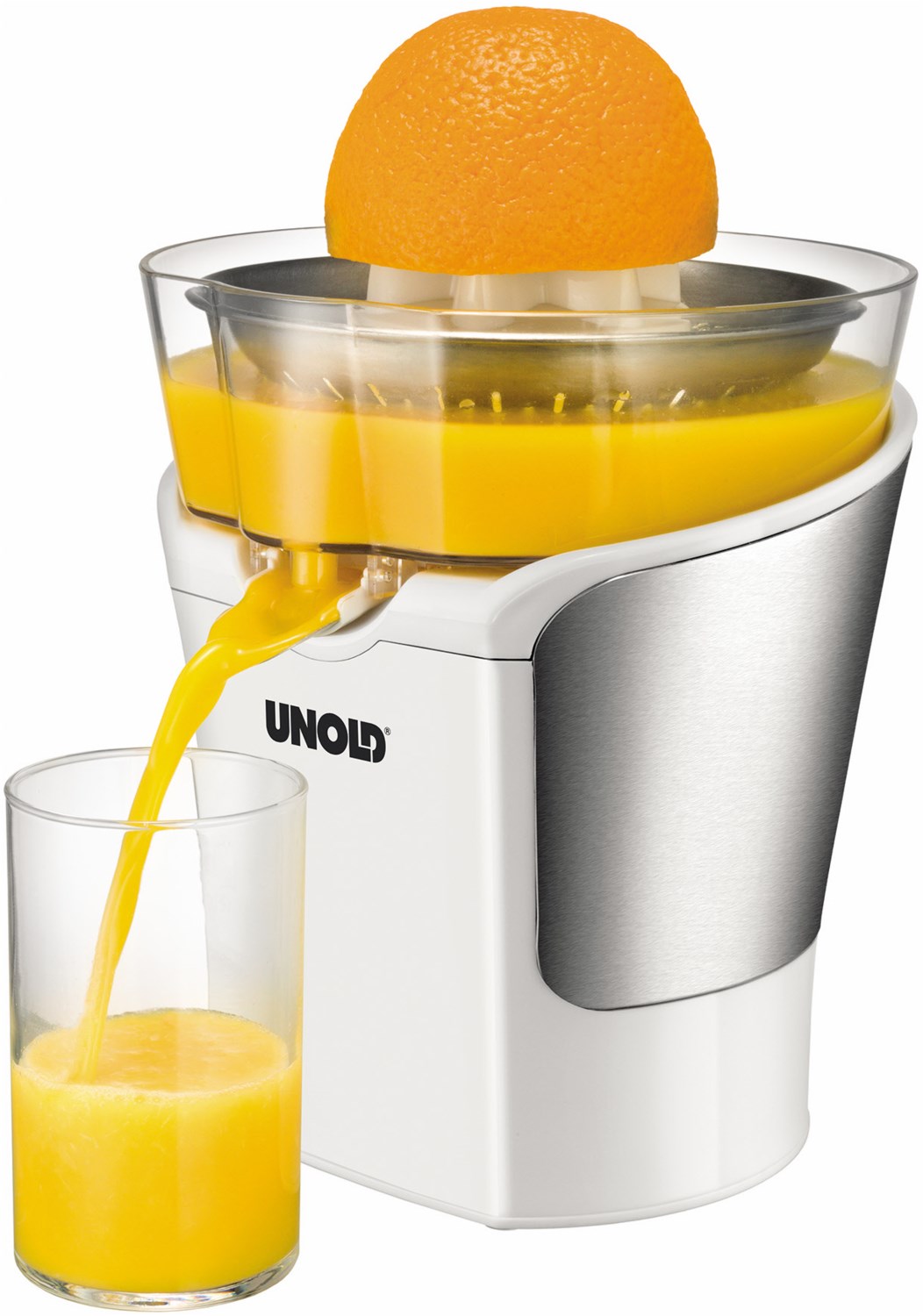 UNOLD Zitruspresse 78120 – Weiß/Edelstahl, 30 Watt, Mit Saftkanne & Praktischer Kabelaufrollung