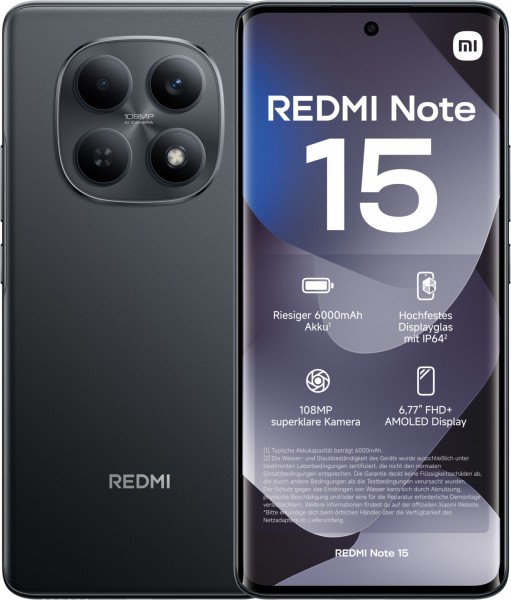 Redmi Note 15 (6GB+128GB) Smartphone schwarz, 108 MP Kamera, 6,77 Zoll Display, 55,03 Std. Akku, LTE