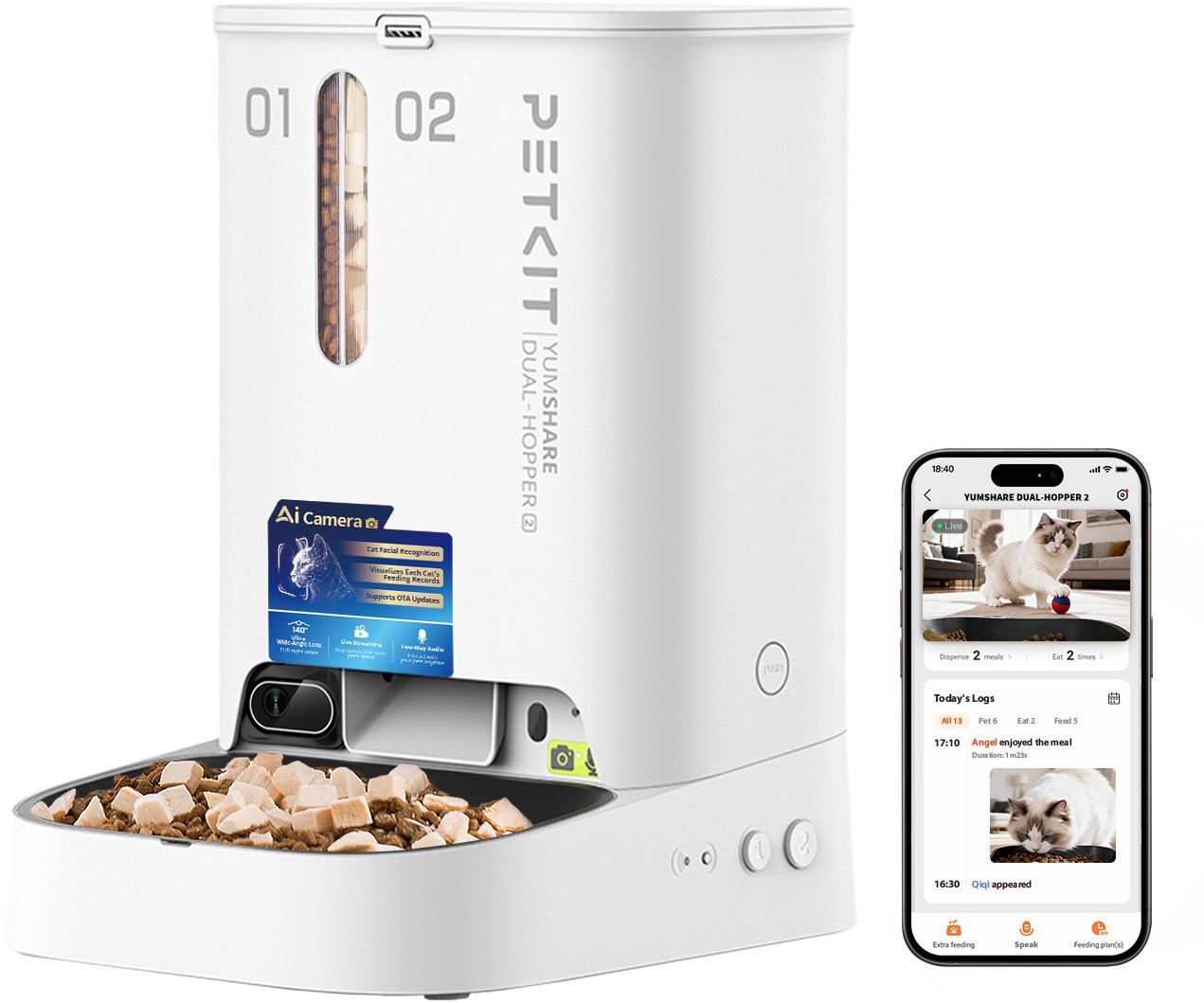 YUMSHARE Dual-Hopper 2 Smart Automatischer Futterspender mit Kamera weiß