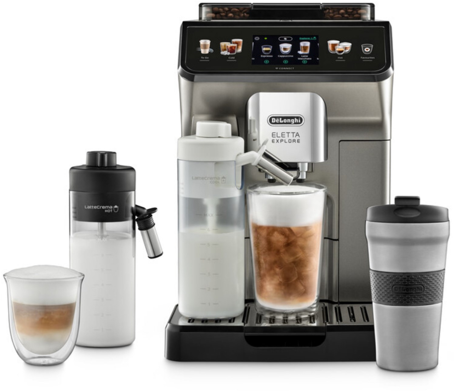 Eletta Explore Cold Brew ECAM450.86.T Kaffee-Vollautomat titan, Milchbehälter, Latte Macchiato/Cappuccino, Stahl-Kegel-Mahlwerk, 19 bar, 1,8 l