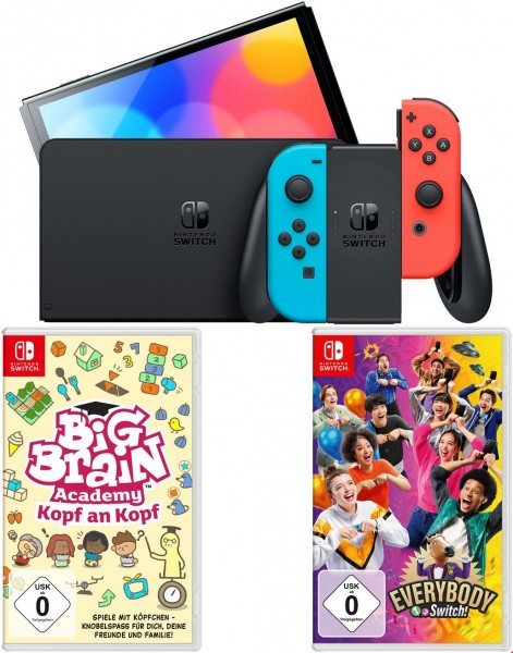 Switch Konsole (OLED-Modell) inkl. Big Brain Academy - Kopf an Kopf + Everybody 1-2 Switch! neon rot/neon blau