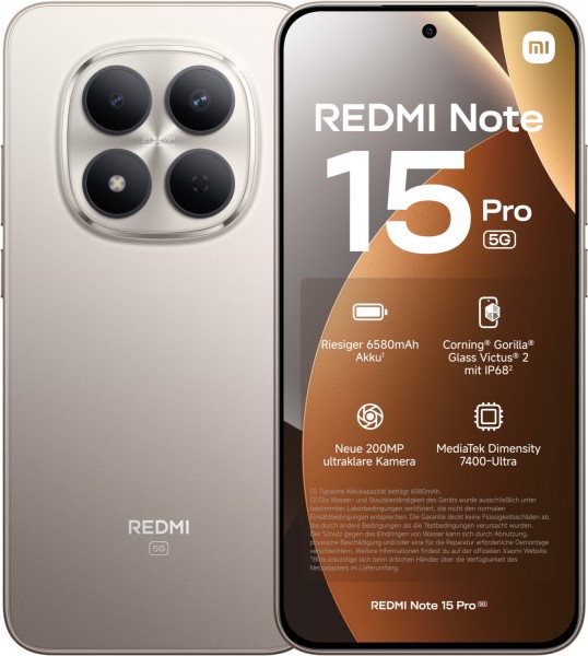 Redmi Note 15 Pro 5G (8GB+256GB) EU Smartphone titanium, 200 MP Kamera, 6,83 Zoll Display, 60,83 Std. Akku