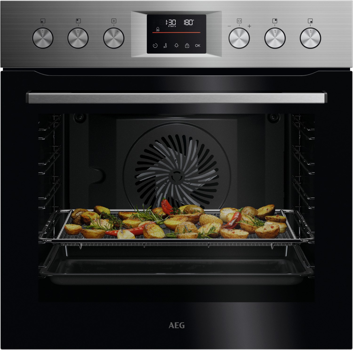 OU5PE40AM Einbau Elektro-Herd edelstahl, 71 l, Pizza-Stufe, schnelles Vorheizen, Heißluftgrill, 59,5 cm breit, A+, Serie 5000