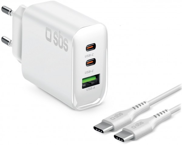 USB/2x USB-C GaN Ladegerät (140W) mit USB Type-C Kabel (2m) weiß